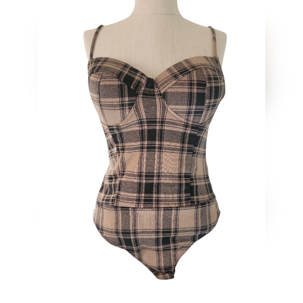 Haute Monde Plaid Brown Black Bustier Corset Like Bodysuit Size Medium